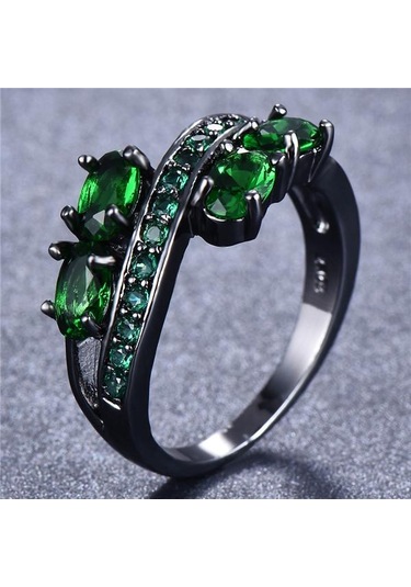 Zarif Oval Kesim Mavi Cz Taş Alyans Siyah Altın Takı Hediye Boyutu 5-11 6 Yeşil