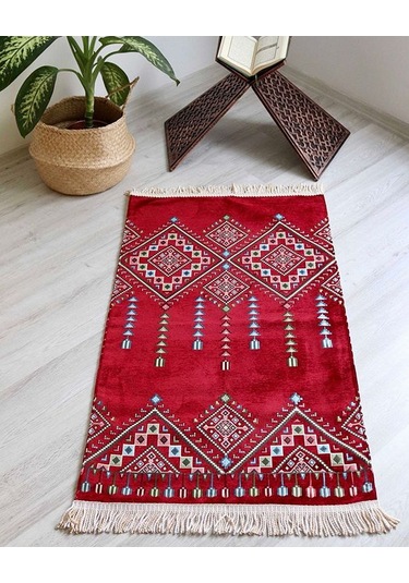 Çeyizlik Hediyelik Seccade Eşarp Tesbih Set Kilim Desenli Kadife Astarlı Seccade, Eşarp, Kristal Tesbih Özel Kutulu Lüks Hediye Seti Bordo