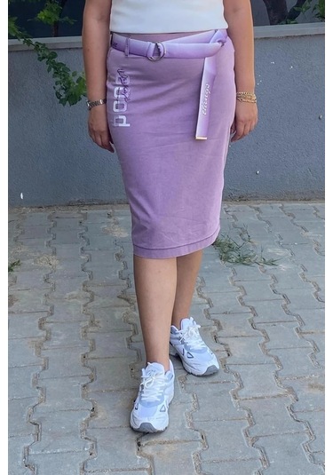 Büyük Beden Lila Tasarım Kot Etek Lila