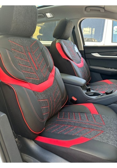 Argalı Renault Taliant Oto Koltuk Kılıf Üniversal Keten Ve Suni Deri Cepli Oto Koltuk Kılıf Kırmızı