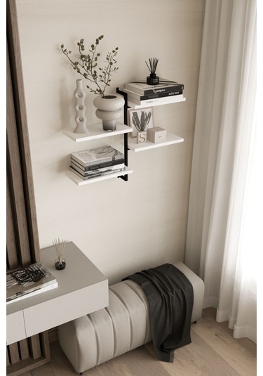 Aju 4 Katlı Duvar Rafı Metal Çerçeveli Dekoratif Kitaplık Ve Raf Ünitesi Modern Ve Minimalist Tasarıım Siyah