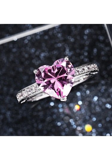 Pembe Klasik Tektaş Kadın Kalp Yüzük Aaa Pembe Kübik Zirkonya Teklif Yüzükler Kız Arkadaşı Için Yıldönümü Hediyesi Düğün Takı 7 Pembe