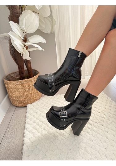 Asmi Shoes Kadın Latina 12 Cm Platform Topuklu Fermuarlı Bot Siyah Rugan Kapsül Siyah