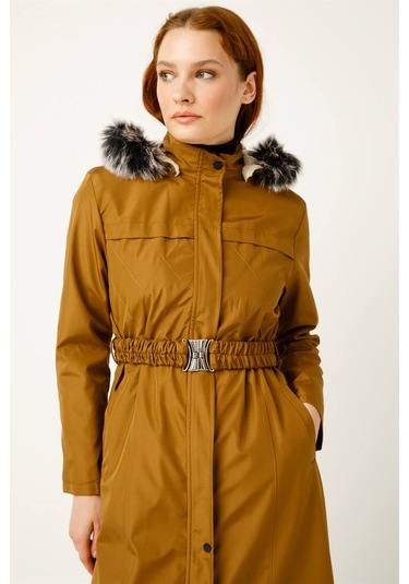 Üst Bölümü Dikiş Detaylı İçi Kürk Kaplı Bondit Parka Taba-taba Taba