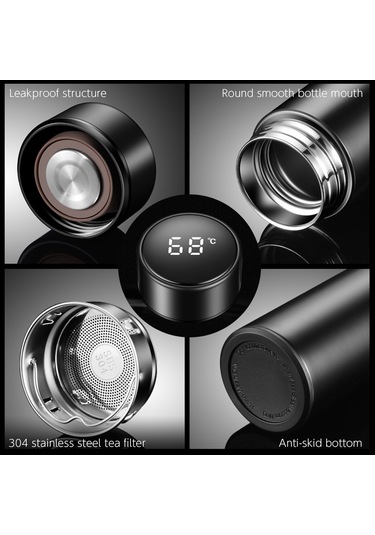 Monyee 500ml Akıllı Sıcaklık Gösteren Termos Bardak - Lcd Dokunmatik Ekranlı, 304 Çelik, Sızıntısız, Siyah Seyahat Kasesi Siyah