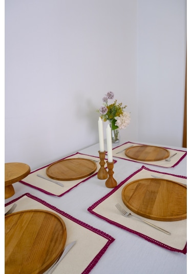Yakacihome 4'lü Terra Duck Keten Fisto Dantel Biyeli Otantik Supla Amerikan Servis 35x50 Cm Bordo - Krem