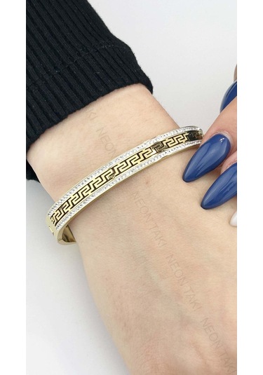 Zirkon Taşlı, Labirent, Paslanmaz Çelik Kelepçe Bileklik 20, Altın Renk Altın