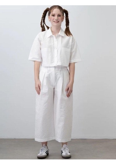 Kız Çocuk Crop Gömlek Poplin Pantolon Takım-15793 Beyaz