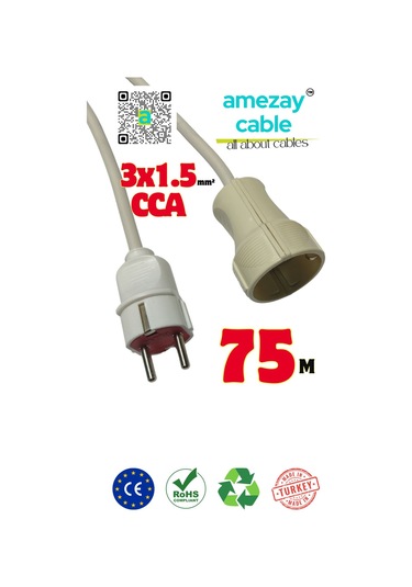 75 Metre Uzatma Kablosu Tek Prizli Cca 3x1.5mm² Tamir Bakımda Yardımcı Amezay Cable 75 Metre