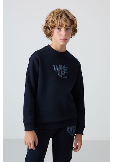 Lacivert Pamuklu Kalın İçi Tüylü Yumuşak Dokulu Standart Fit Baskılı Erkek Çocuk Eşofman Takım - 11 Lacivert