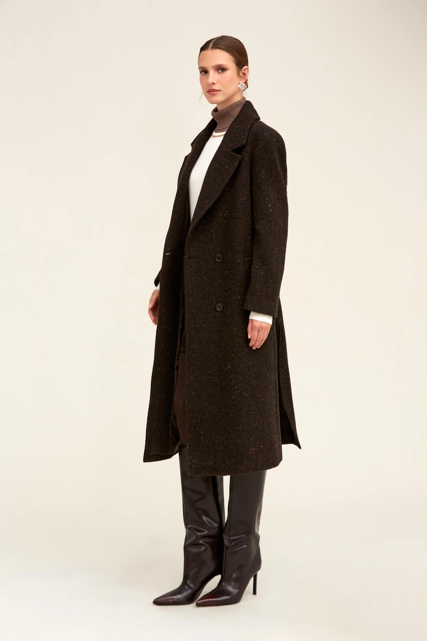 Saykı Woman Kahverengi Dinamik Fit Ceket Yaka Kaşe Yünlü Manto Kahverengi