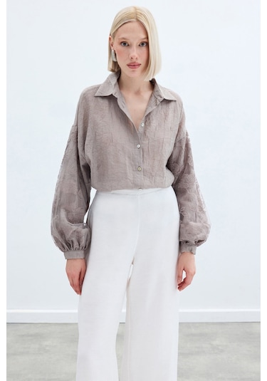 Sateen Nakış Detaylı Kraşlı Gömlek - Vizon-136257 Vizon