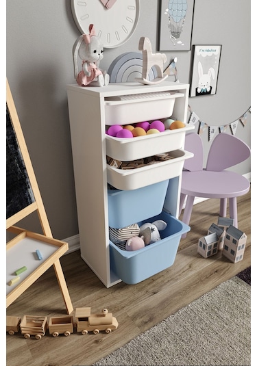 %100 Mdf - Medium Mono 5 Sepetli Oyuncak Dolabı Mavi