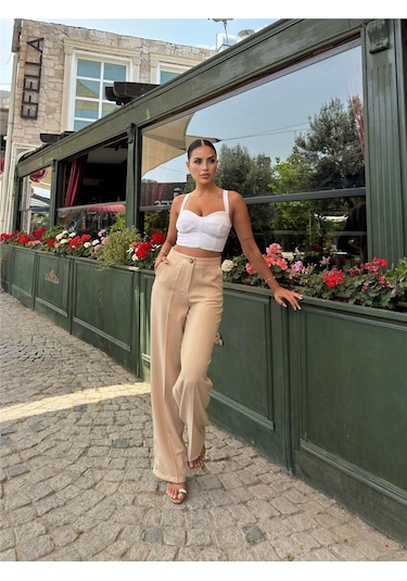 WeShaya Bej Keten Karışımlı Düz Paça Pantolon Bej