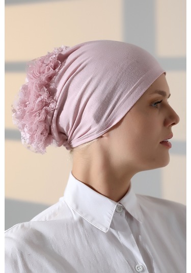 Kadın Fırfırlı Güpürlü Tesettür Topuz Bone - Pembe Pembe