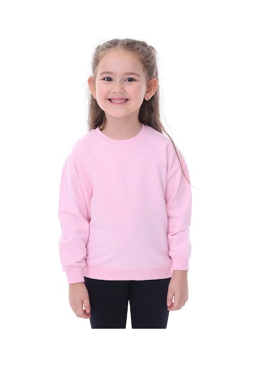 Zuzunga Basic Düz Renk Pembe Fırçalı Yumuşak %100 Pamuk Sweatshirt Pembe