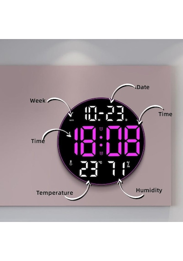 Mavi 12 İnç Duvar Saati Renkli Ortam Işığı Dijital Saat Uzaktan Kumanda Büyük Ekran Oturma Odası Çift Alarm Led Çalar Saat Mavi