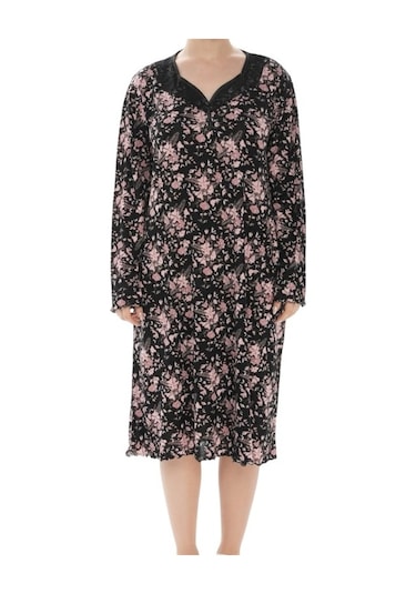 Kadın Desenli Bambu %100 Pamuk Mevsimlik Uzun Kol Gecelik -geniş Kesim Anne Kalıp Siyah