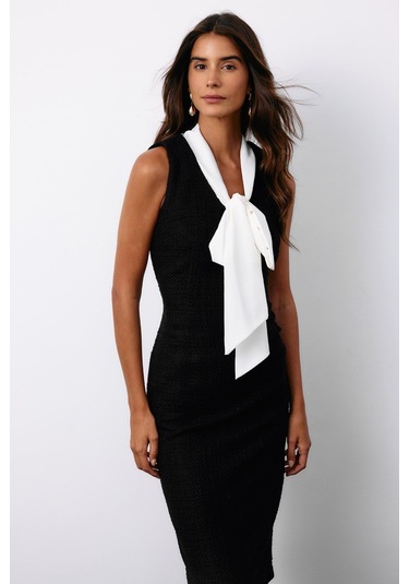 Sateen Fularlı Kolsuz Tüvit Elbise - Siyah-135147 Siyah