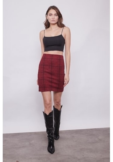 Kışlık Yünlü Kumaş Yüksek Bel Diz Üstü Kalem Etek-Bordo Ekose Bordo
