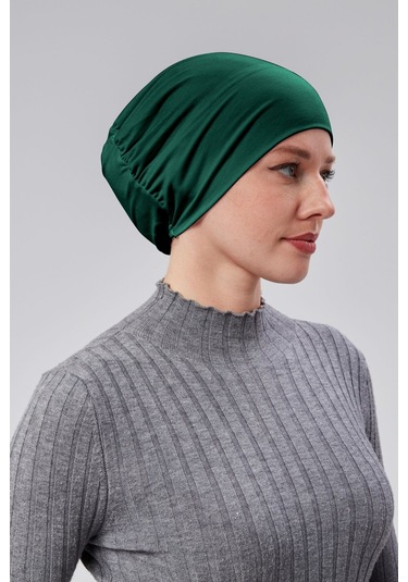 Kadın Tesettür Hazır Pratik Geçmeli Bone Lastikli Kaymaz Yeşil Zümrüt Yeşili