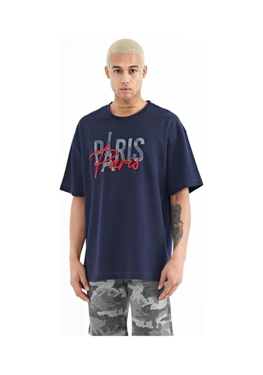 Tommy Lıfe Indigo Yazı Nakışlı O Yaka Oversize Erkek T-shirt - 88223 T11er-88223 001