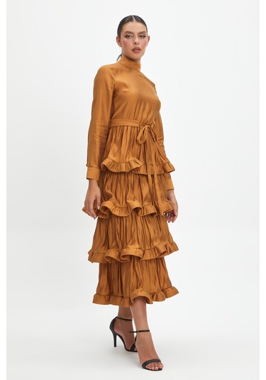 Kat Kat Fırfırlı Ve Bağcıklı Midi Boy Elbise - Günlük Ve Özel Günler İçin Modern Şıklık Hardal
