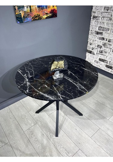 Selin Siyah Mermer Yuvarlak Mutfak Masası Yemek Masası Balkon Masası Metal Siyah Ayak 90 Cm