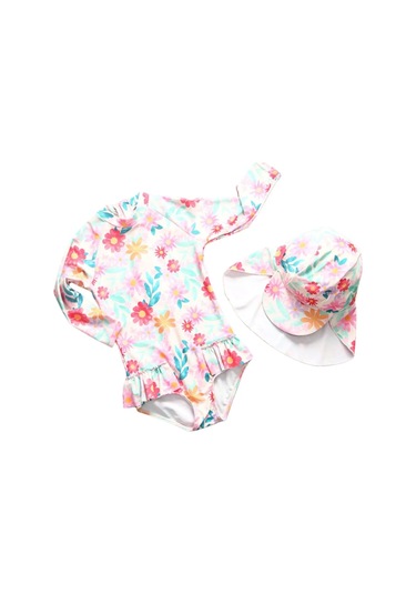 Petityu Upf50+ Şapkalı Güneş Korumalı Uzun Kollu Kız Çocuk Pembe Mayo Şapka Set Pembe