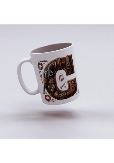 C Harfi Kovboy Temalı Bardak 330 Ml İsim / Harf Kişiye Özel Hediye - Vahşi Batı Konsept Beyaz