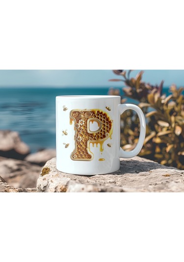 P Harfi Bal Arısı Tasarım Kupa Bardak - Bal Ve Petek Desenli Kişiye Özel Kahve Kupası - Hediyelik Beyaz