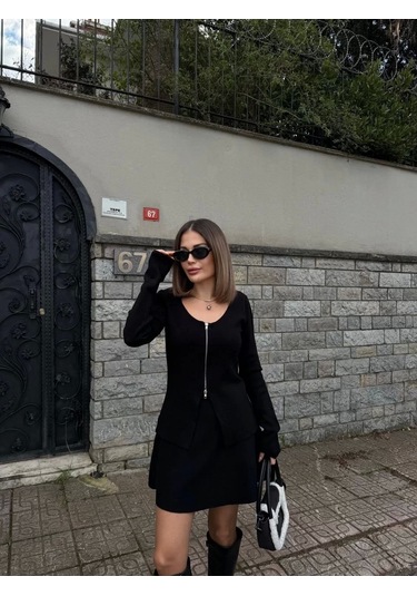 İkili Fermuarlı Hırkalı Etekli Takım - Siyah Siyah