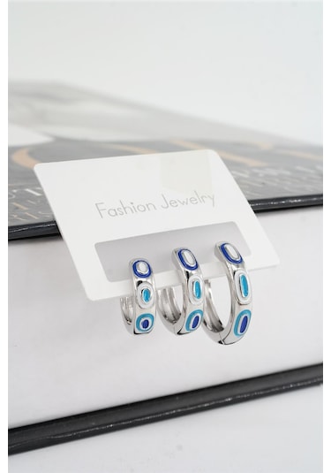 Kadın Vip Seri Mineli Nazar Motifli 3'lü Halka Küpe