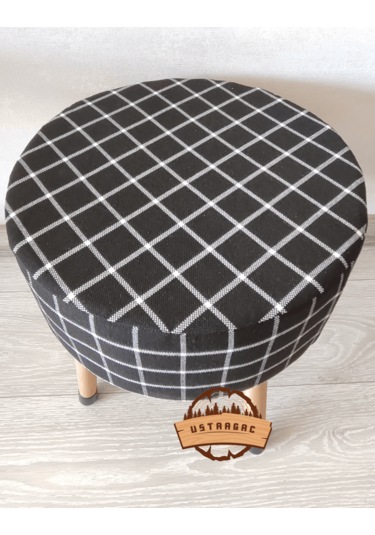 Puf Koltuk Tabure - Siyah Üstü Beyaz Örme Ekose - Ahşap Gürgen Ay