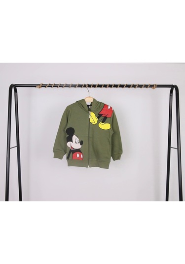 Unisex Çocuk Mickey Mouse Baskılı Haki Renk Mevsimlik Kapüşonlu Hırka Haki