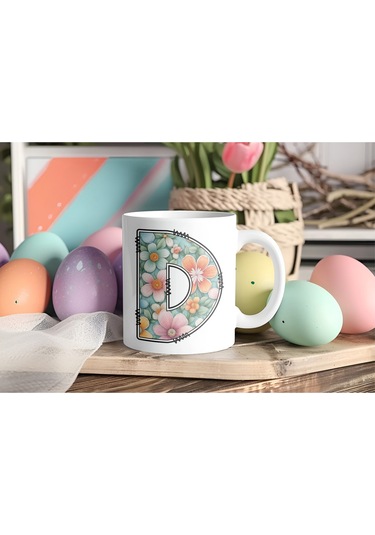 D Harfli Pastel Çiçek Desenli Kahve Kupası - Kişiye Özel Çiçekler Koleksiyonu Bardak - Hediye Beyaz
