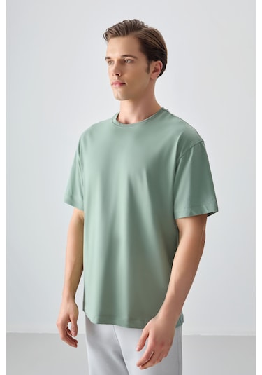 Açık Yeşil %100 Pamuk Kalın Yumuşak Dokulu Oversize Fit Basic Erkek T-shirt - 88353 Camel