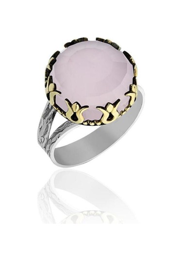 Pembe Kuvars Taşlı Lale Motifli Yuvarlak Otantik Gümüş Kadın Set Rs10022