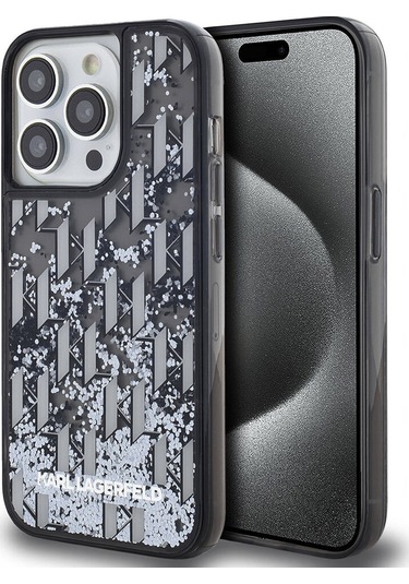 Apple Uyumlu iPhone  14 Pro Max Kılıf Karl Lagerfeld Lisanslı Simli Kl Yazılı Monogram Gradıent Siyah