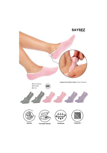 Bambu Kadın Babet Renkli Çorap Dikişsiz Görünmez Kaydırmaz Topuk Silikonlu Premium 6'lı Renkli
