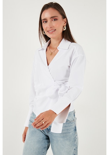 Lela Pamuklu Regular Fit Uzun Kollu Bağlama Detaylı Bayan Gömlek 65200538 Beyaz