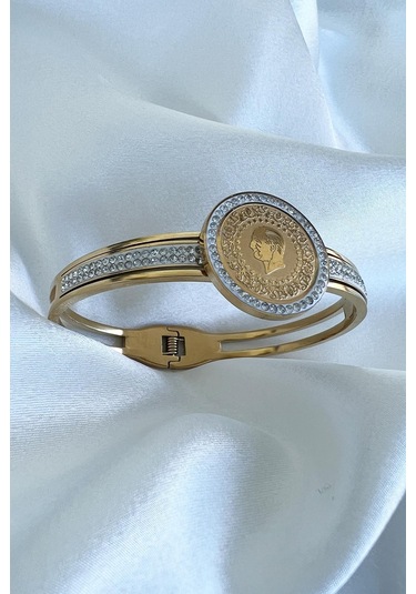 Allmisse Altın Kaplama 316l Kalite Zirkon Taş Detaylı Ata Çelik Kelepçe Bileklik - Altın