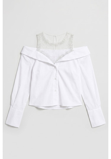 Itsbasic Kadın Beyaz Oversize Tül Dantelli Özel Tasarım Gömlek