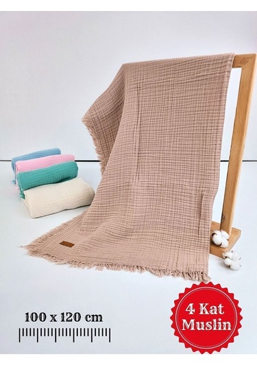 4 Kat Müslin Mint Yeşil Saçaklı Bebek Battaniyesi 100x120 Cm- %100 Pamuklu & Çok Amaçlı Battaniye Sütlü Kahve