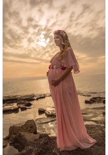 Modalabio Moda Labio- Babyshower Melek Kol Hamile Elbisesi Pudra