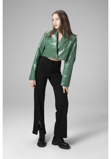 Yeşil Overlay Dericlub Wm034 Gerçek Deri Crop Blazer Kadın Ceket