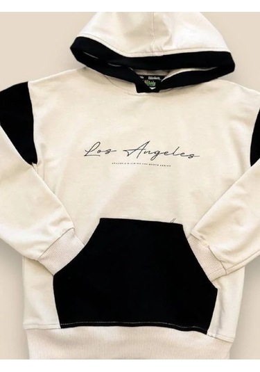 Erkek Çocuk Kapüşonlu Los Angeles Yazılı Pamuklu Sweatshirt-14694 Bej
