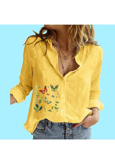 Kadın Moda Pamuk Keten Gömlek Bayan Dik Yaka Baskılı Üst Casual Düğmeli Uzun Kollu Bluz Sari Kadın Moda Pamuk Keten Gömlek Bayan Dik Yaka Baskılı Üst Casual Düğmeli Uzun Kollu Bluz Sari