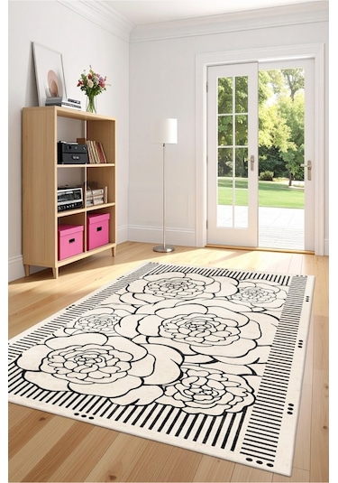 Zeminde Çizgisel Bahar Siyah Beyaz Çiçekli Kaymaz Taban Halı Siyah - Beyaz