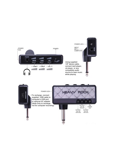Xindoker Ammoon Gri Gitar Enstrümanı İçin Çıkartılabilir Amfi Efekt Cihazı - Klasik Rock Distortion Ve Dahili Şarj Edilebilir Pil